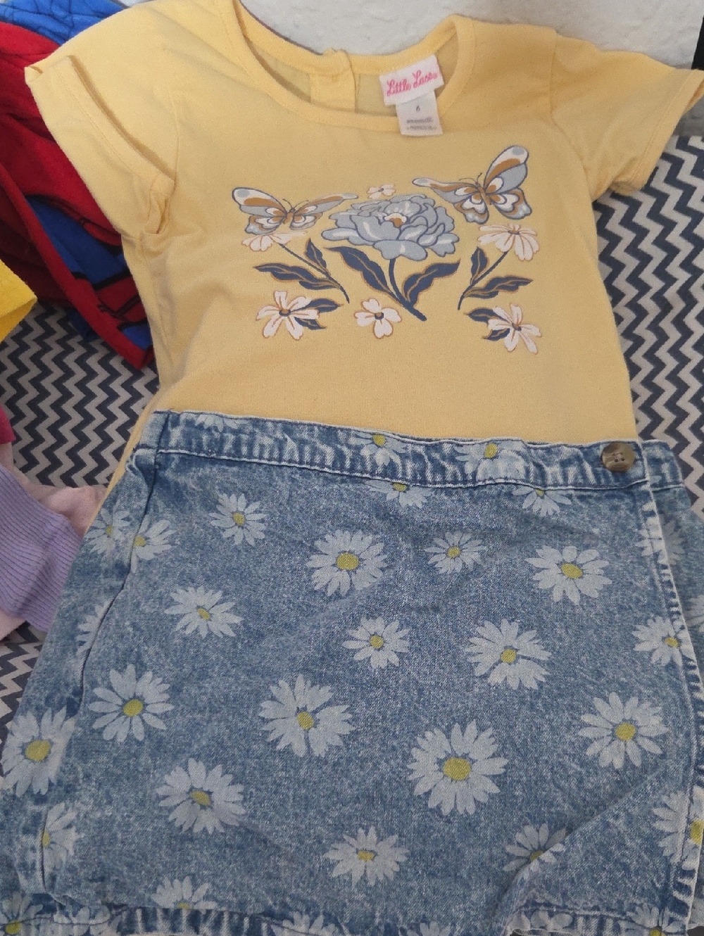 Little Lass Yellow Tee with Blue Daisy Denim Skirt Set